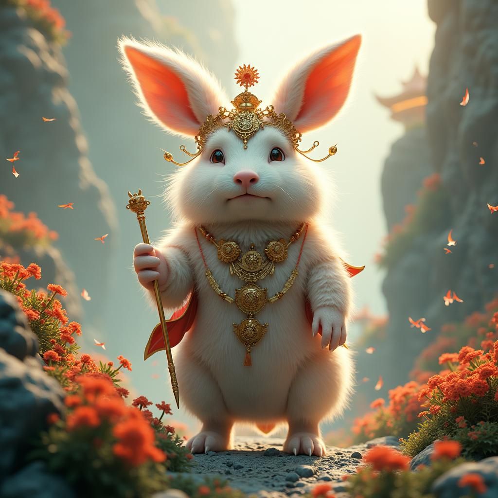 Rabbit Dragon with Pig Headdress in Dreamlike Landscape