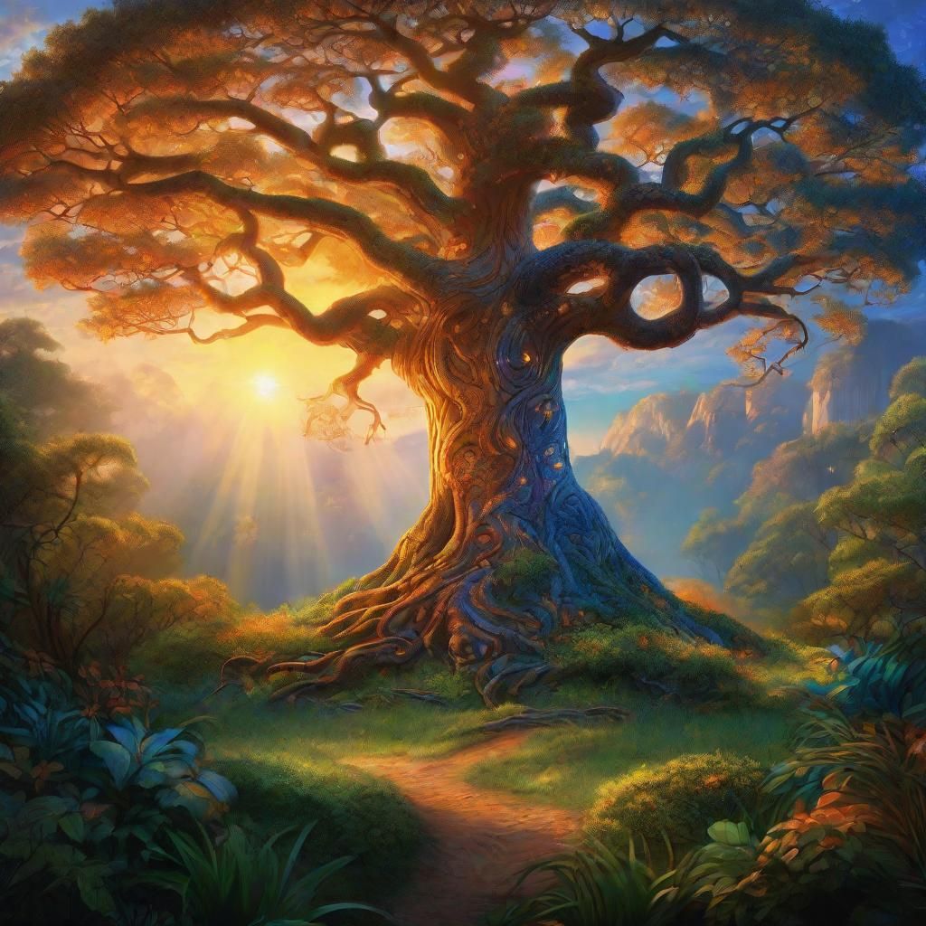 Tree of Life in Summer Forest: Art Nouveau Digital Painting