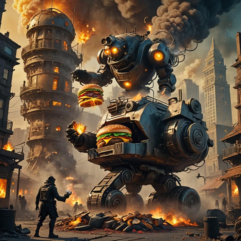Robotic Burglar Stealing Burger in Post-Apocalyptic Cityscap...