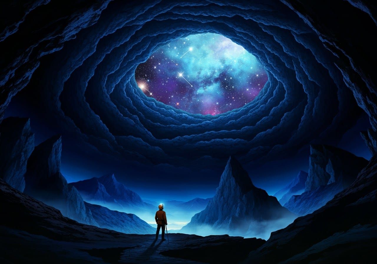 Immense Cave Explorer Gazes at Starry Sky
