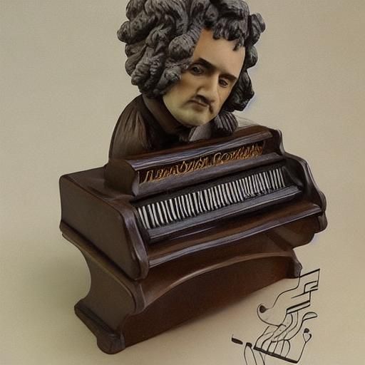 Sculpture design of a classical composer bobblehead, baroque attire, spring-connected head with signature hairstyle, pia...