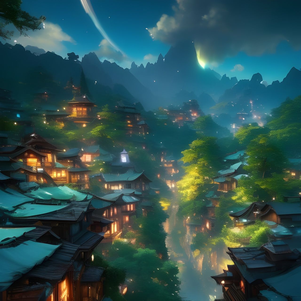 Cosmic Shooting Star Over Mountainside Village