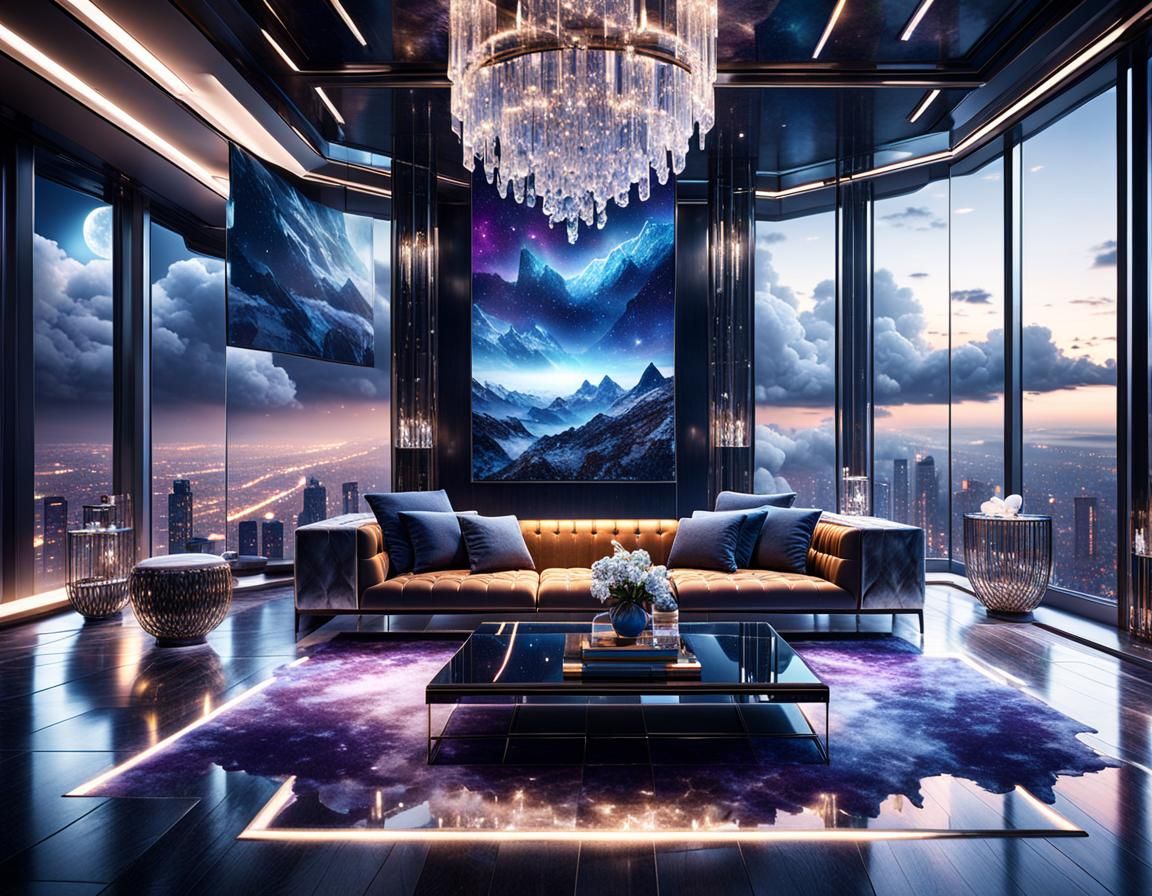 Crystal Skyscraper Living Room at Night: Fantasy Concept Art