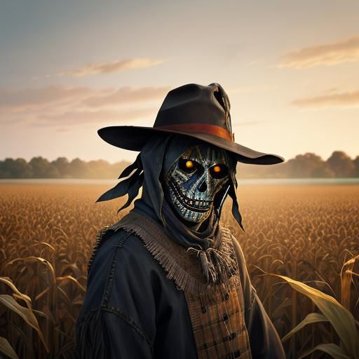 Hyperrealistic Haunted Scarecrow in Cornfield Concept Art