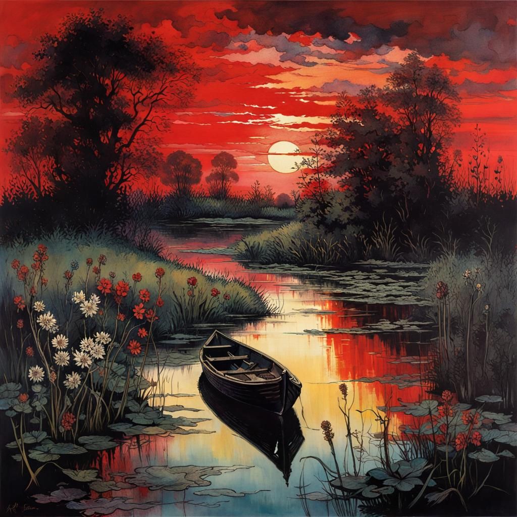 Swampy River Sunset in Color Print Art Style