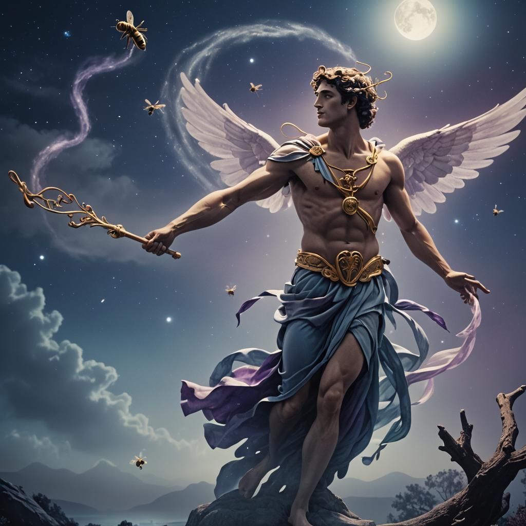 Hermes Spins Rod of Asclepius in Mystical Night