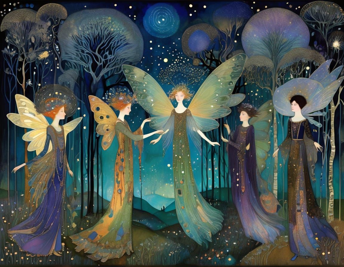 Spectral Forest Fairies in an Art Nouveau Style