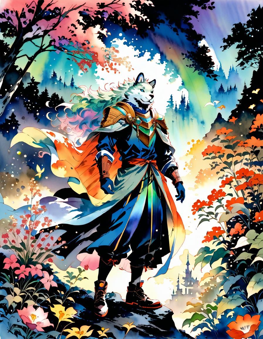 Furry Hero in Magical Landscape: Watercolor and Ink Art