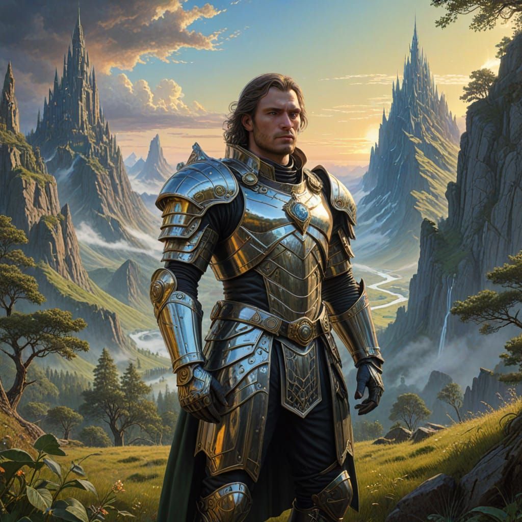 Heroic Knight in Neon Armor Amidst Dreamlike Landscape in Vi...