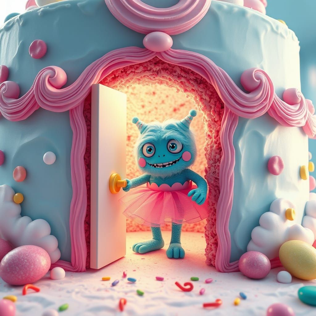 Candy Monster Peeking from Birthday Cake Portal