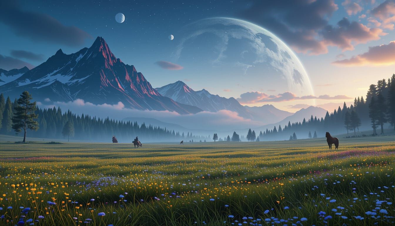 Detailed Matte Painting of a Fantastical Night Field
