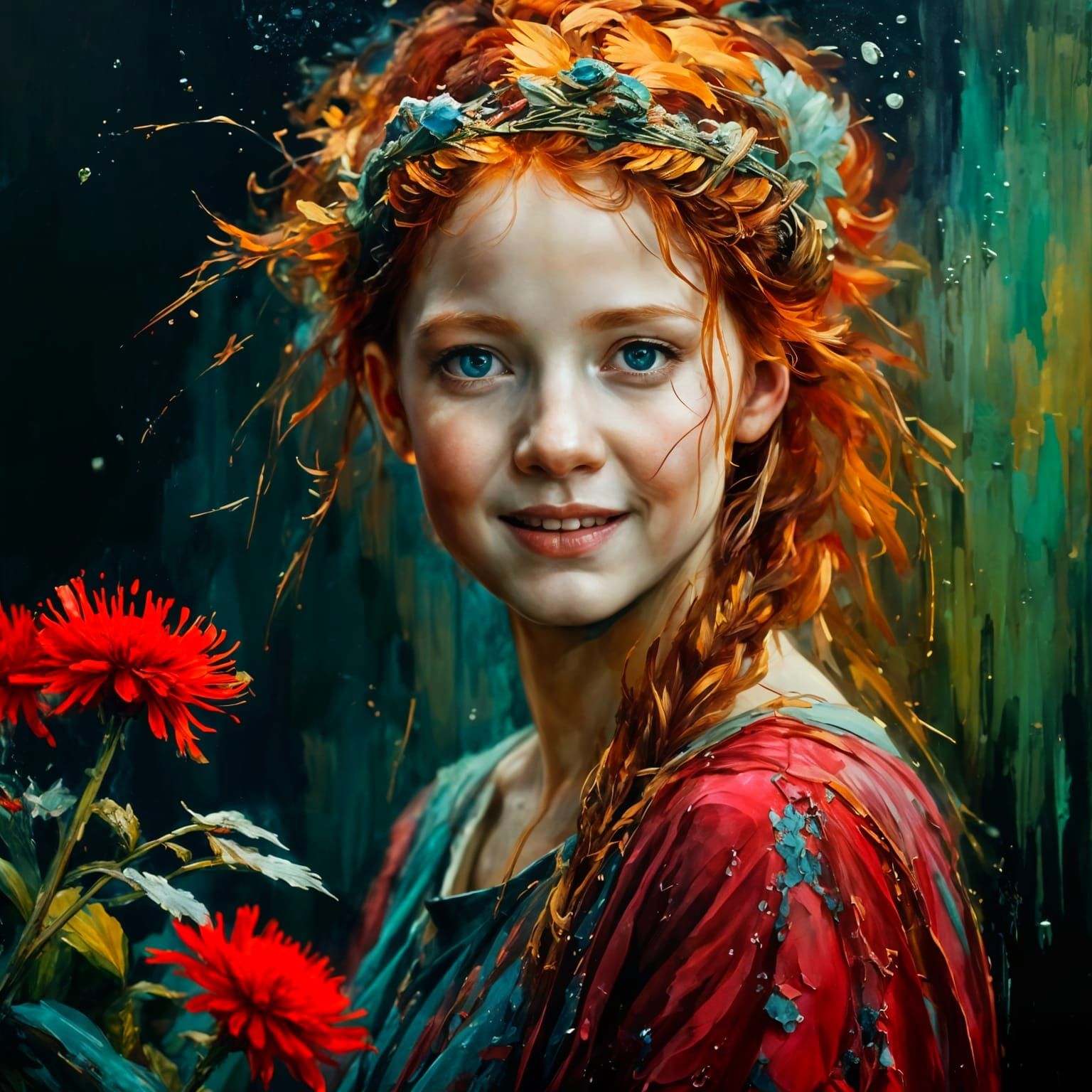 Mischievous Redhead in Floral Fantasy Art