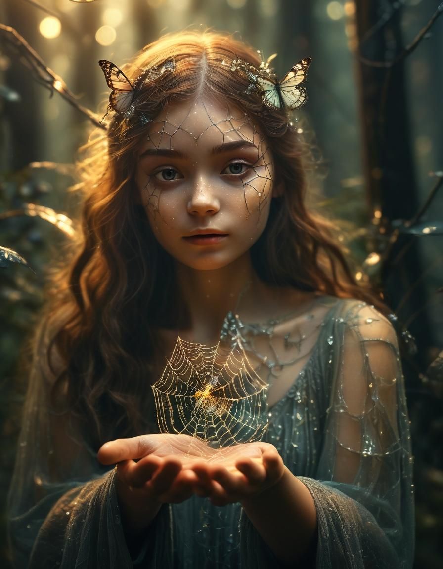 Forest Fairy with Spiderweb Butterfly: Fantasy Illustration