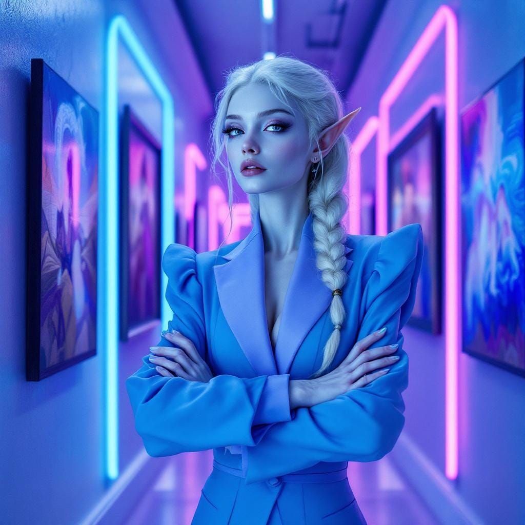 Icy Elf in Neon Gallery, Surreal Oil Painting
