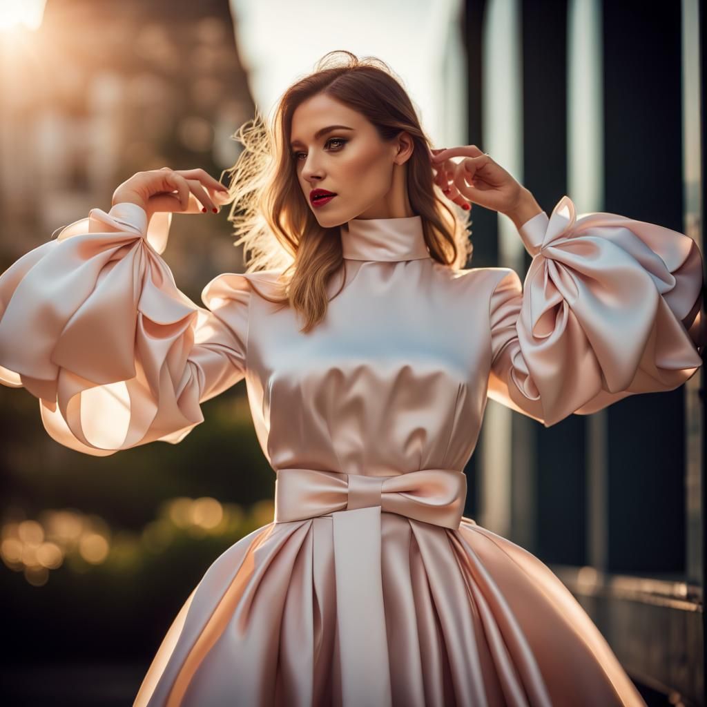 Woman in Satin with Exaggerated Sleeves