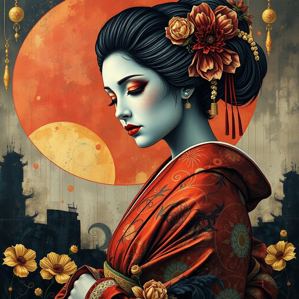 Mournful Geisha in Kimono: Impasto Art Deco Surrealism