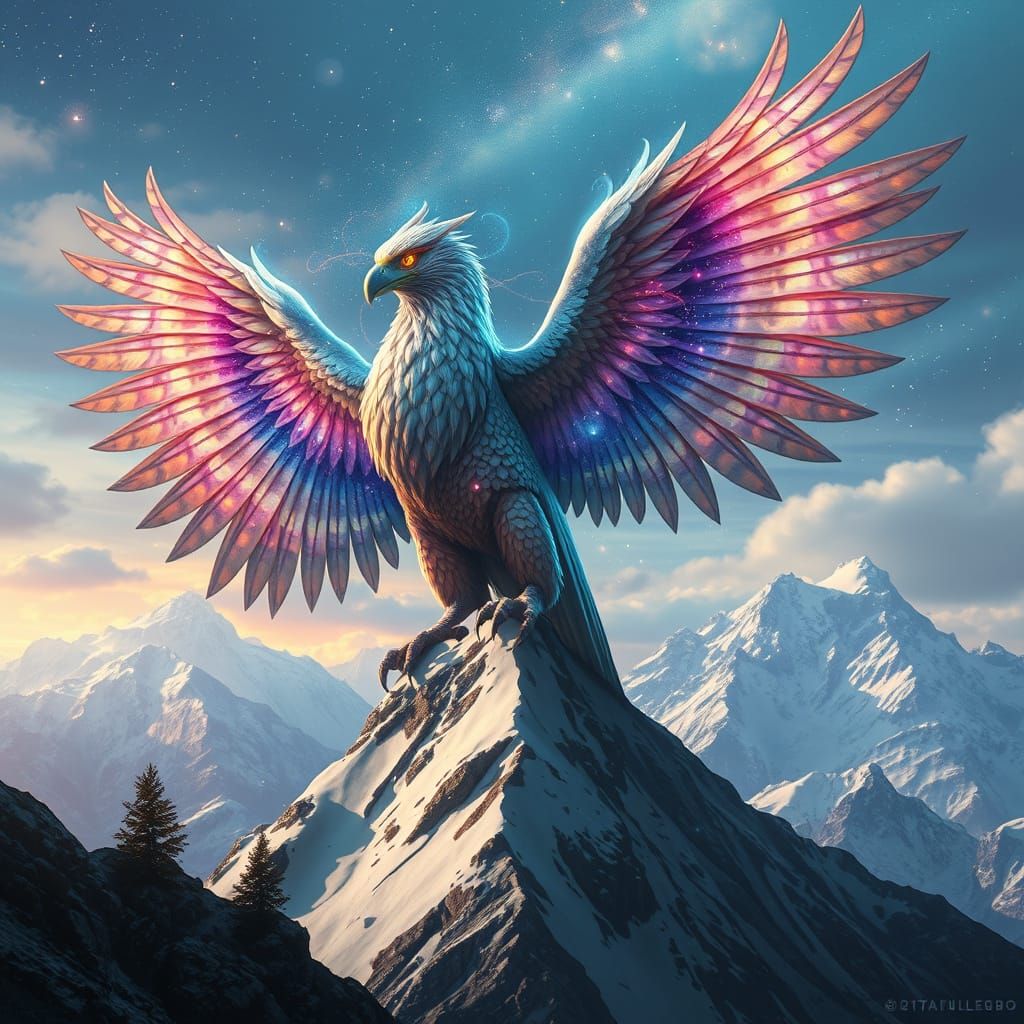 Ethereal Griffin Ascends Cosmic Mountain Peak