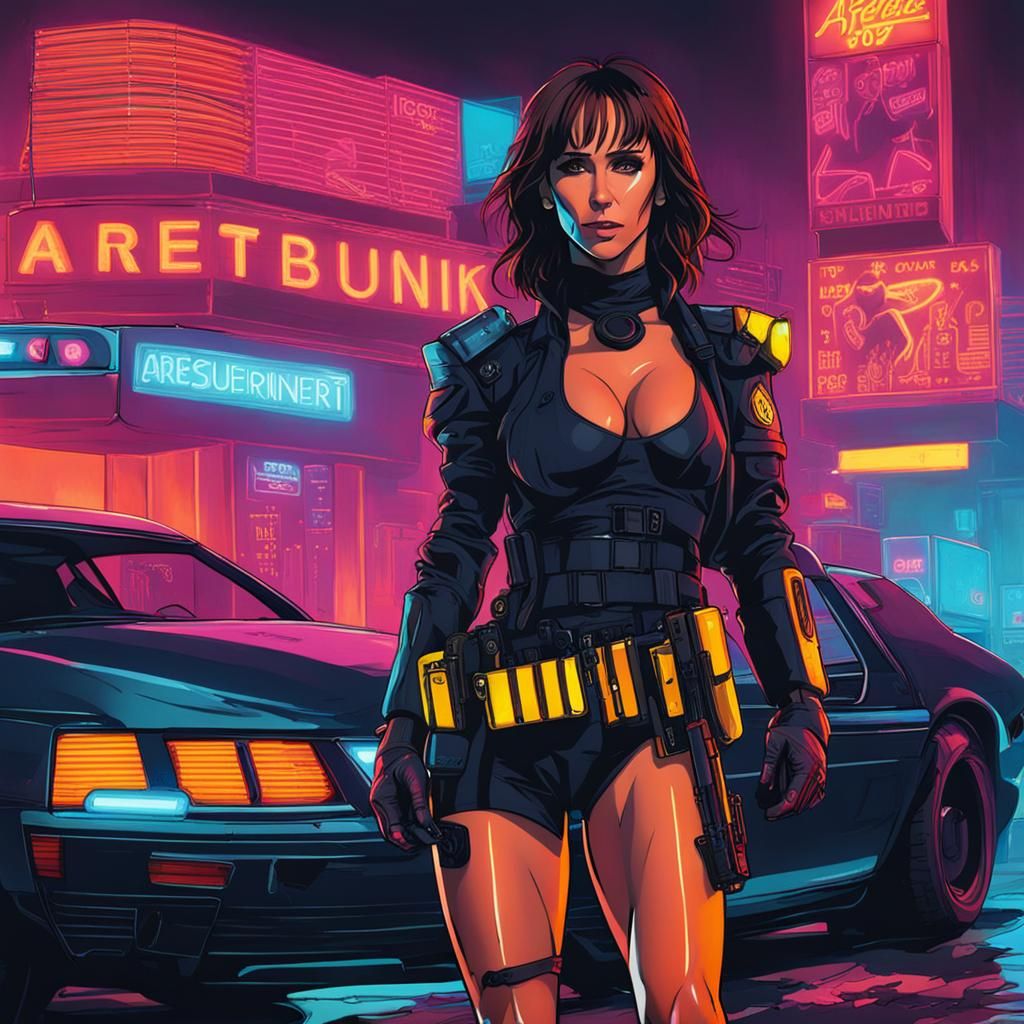 Cyberpunk Bikini Cop Arrest in Neon Cityscape