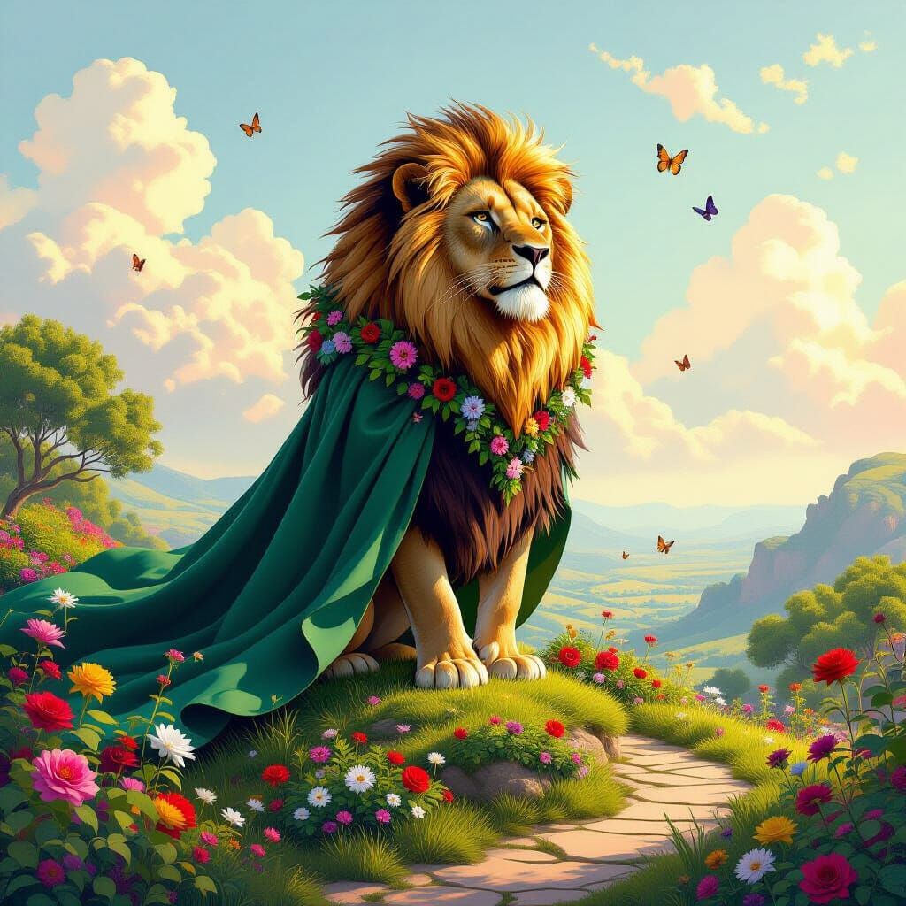 Emerald Lion Overlooking Whimsical Garden as Matte Painting