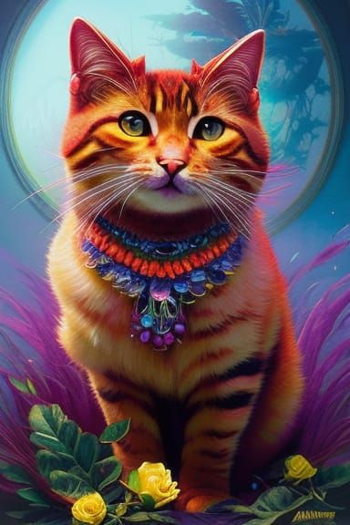 Solarpunk Hula Cat Portrait with Rose Lei