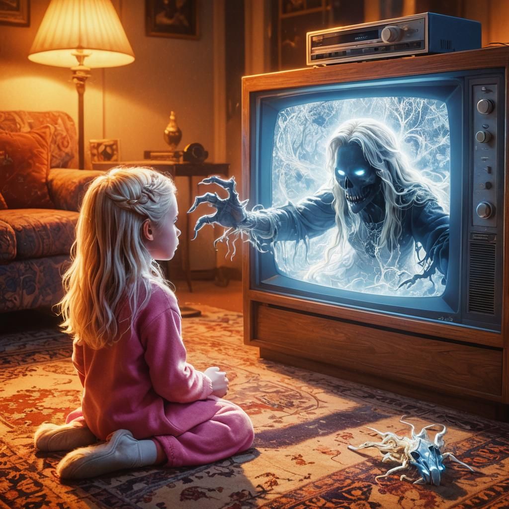 Eerie Girl and Ghostly Arm in 80s Living Room