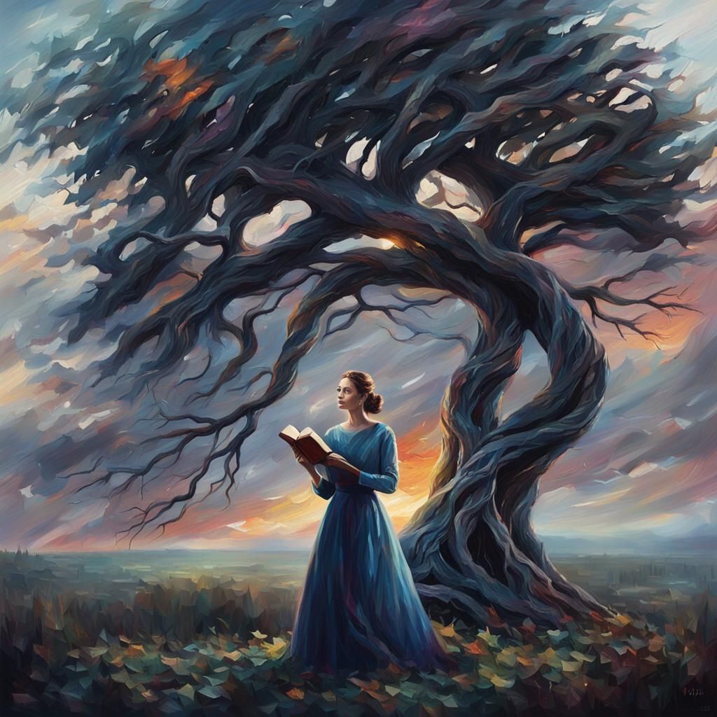 Eerie Sunset: Woman with Book in Oil Painting