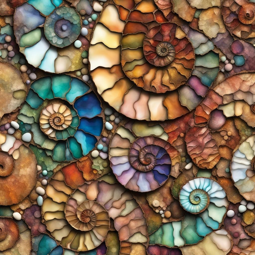 Junk Journal Background, 3d  Shapes Mosaic Alcohol Ink, Natural Ammonite Color Palette, 3d Shading, Deep Depth of Field