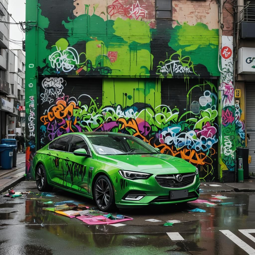 Green Vauxhall Insignia in Tokyo Graffiti Art