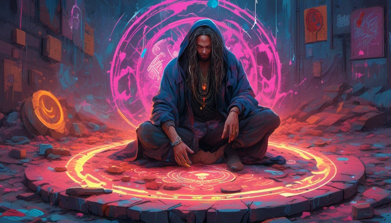 Cyberpunk Mage in Magic Circle with Graffiti Art