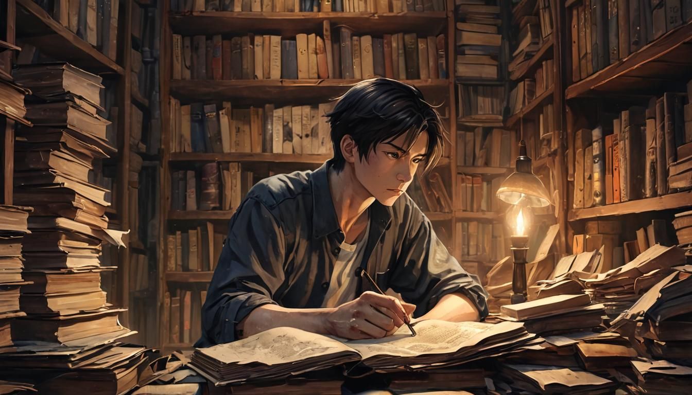 Studious Young Man in Dimly Lit Room: Anime Style