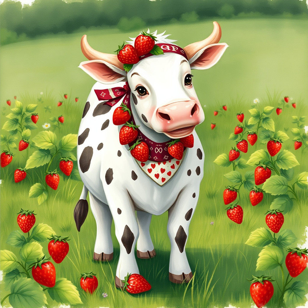 Strawberry Cow in Whimsical Watercolor Meadow