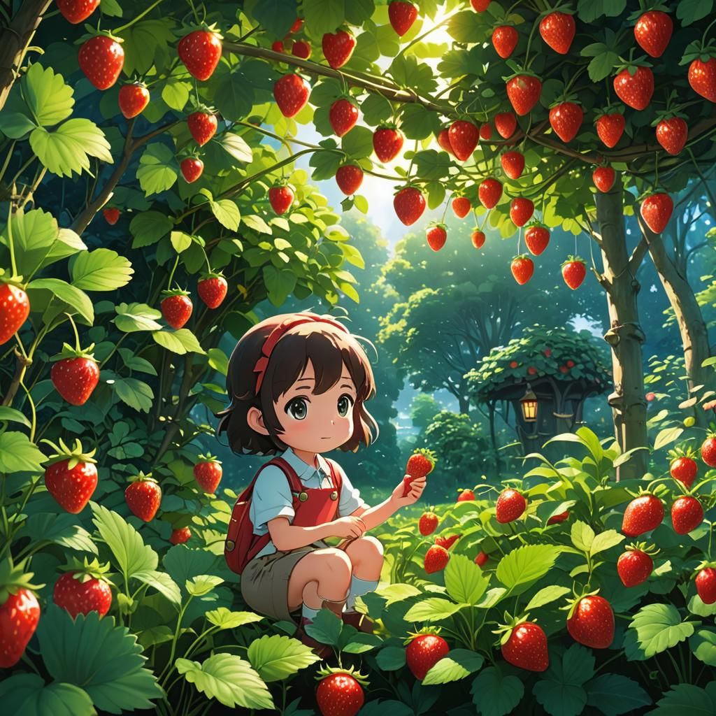 Cute Chibi Strawberry in Ghibli Anime Style