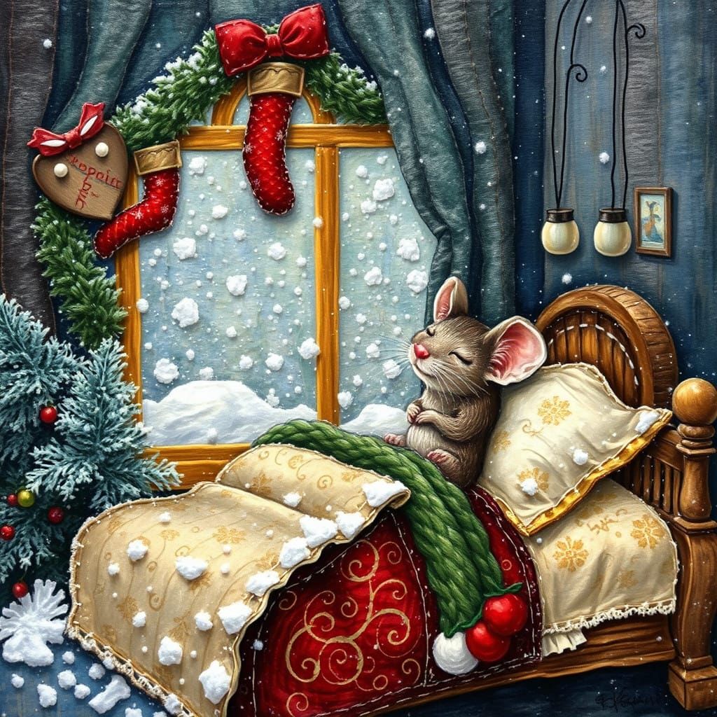 Cute Mouse in Winter Wonderland Mixed Media Art