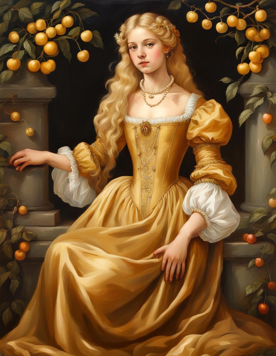 Renaissance Girl in Golden Gown in Cherry Garden