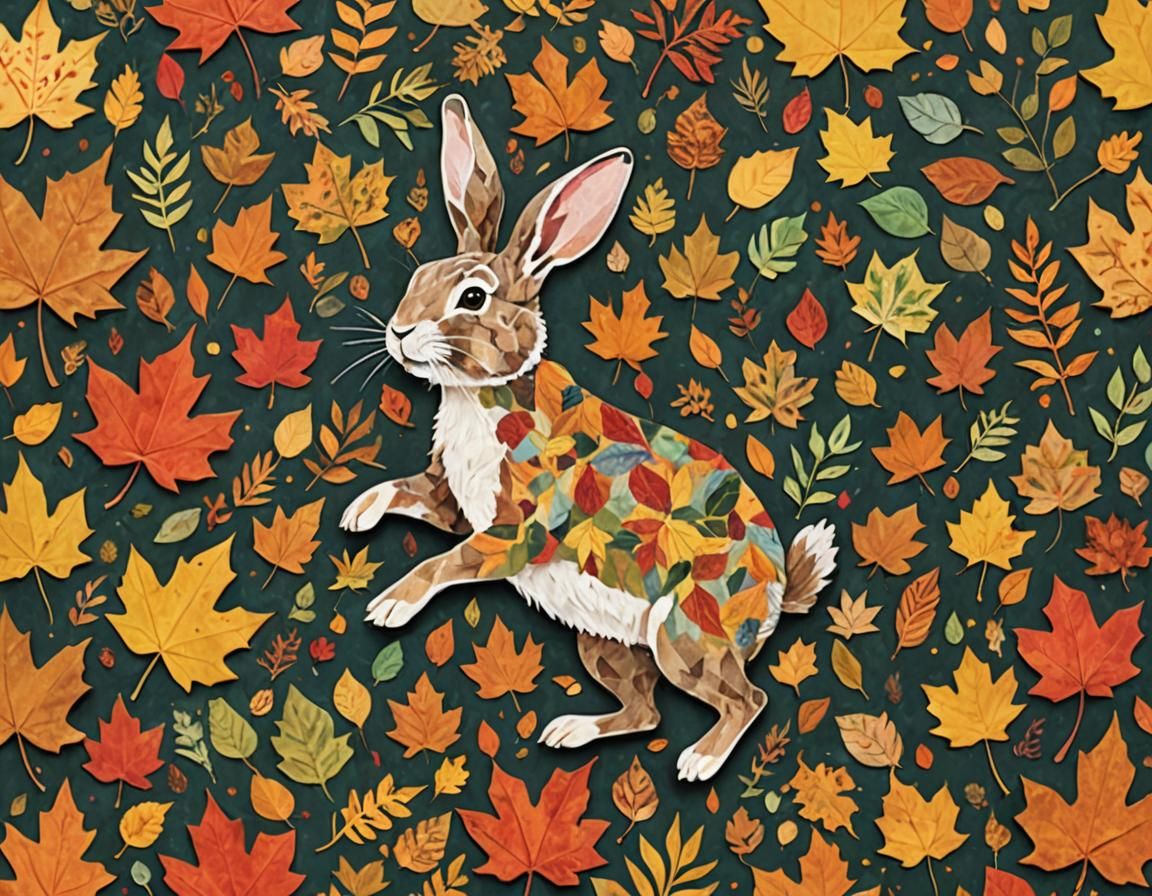 Rabbit Dances in Autumn Leaves Paper Collage
