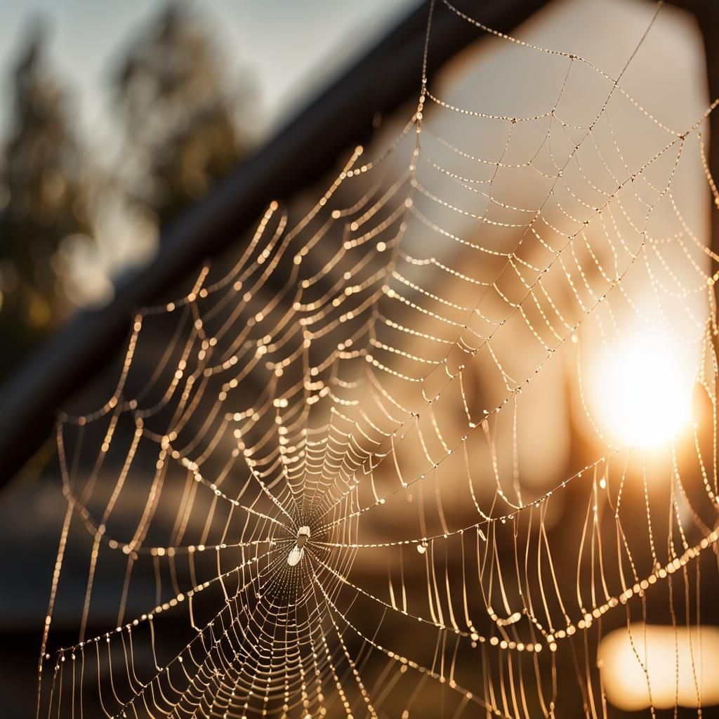 Spiderweb Close-Up with Water Droplets at Golden Hour