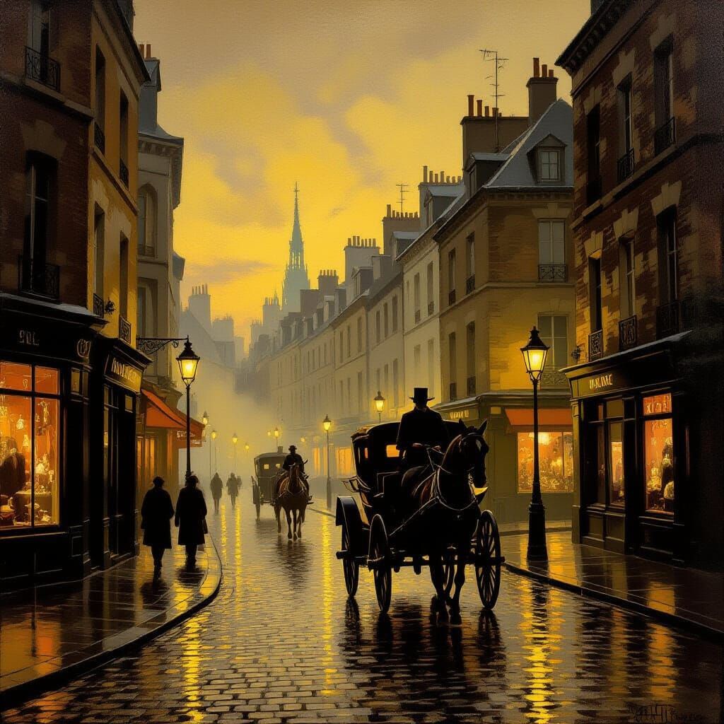 Parisian Street at Night in 1890s Fog