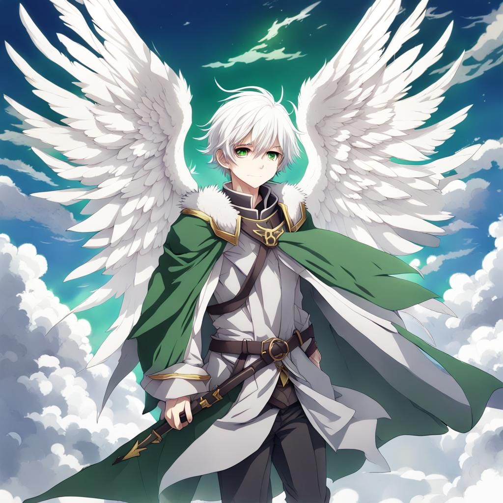 Anime Knight with Angel Wings Flying in Sky