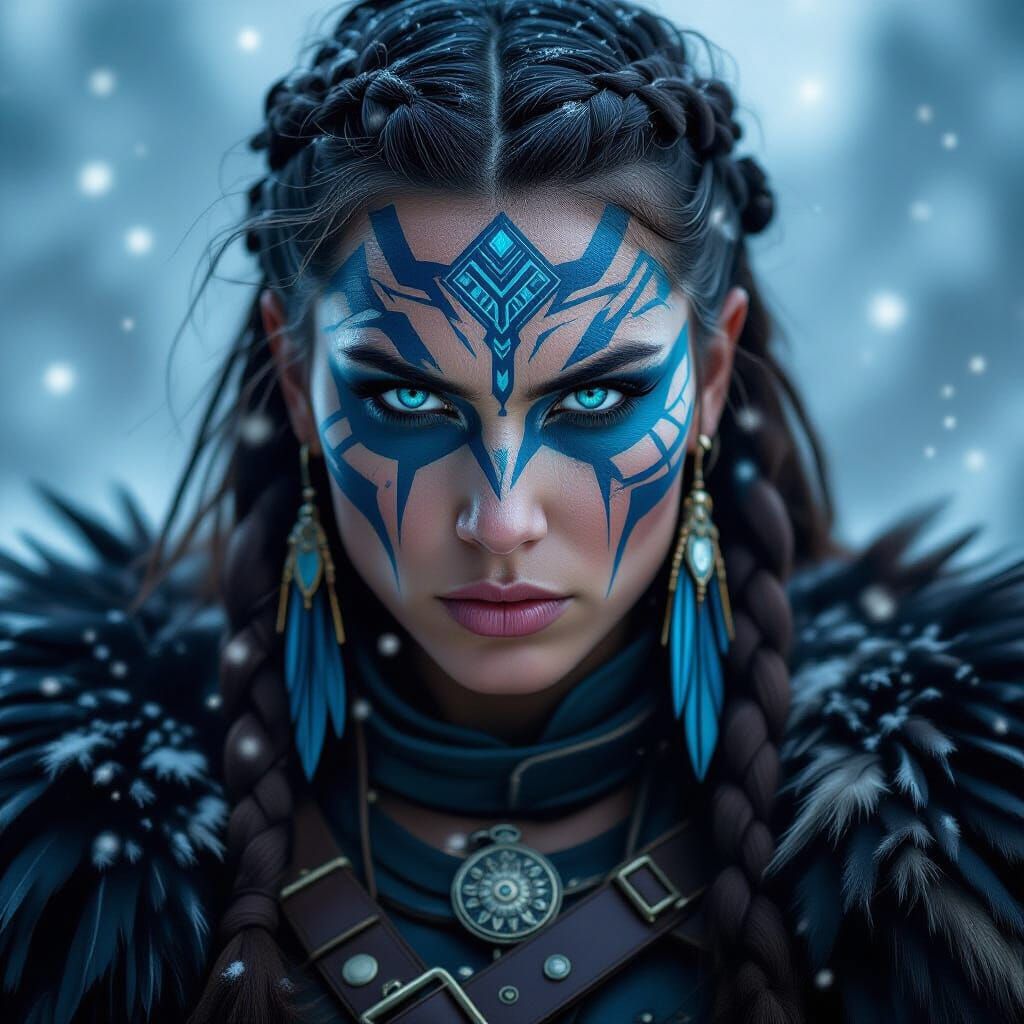 Fierce Female Tribal Warrior with Blue War Paint