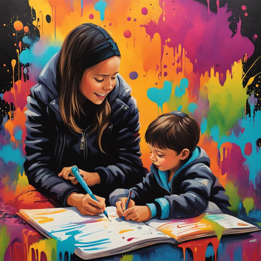 Mother and Child Journaling in Graffiti Art Style