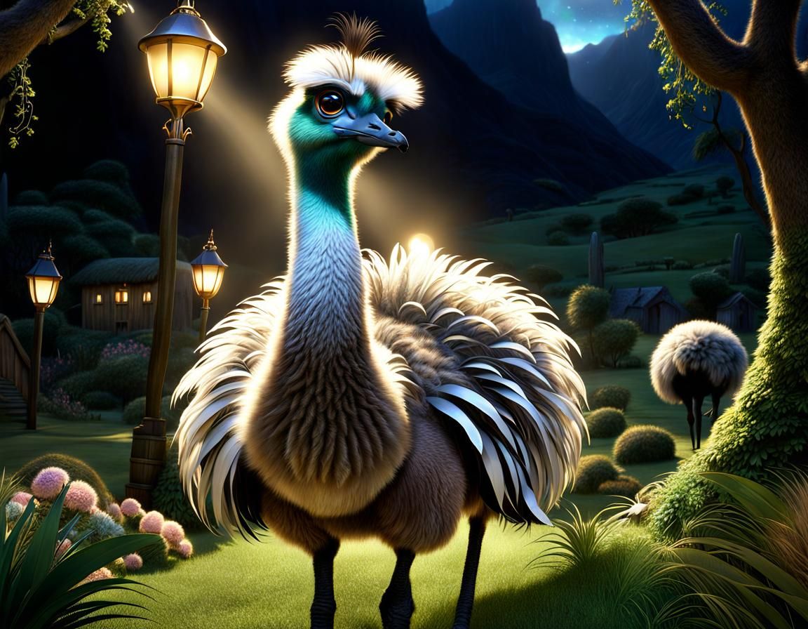 Cute Alpaca-Emu Hybrid in Fantasy Matte Painting