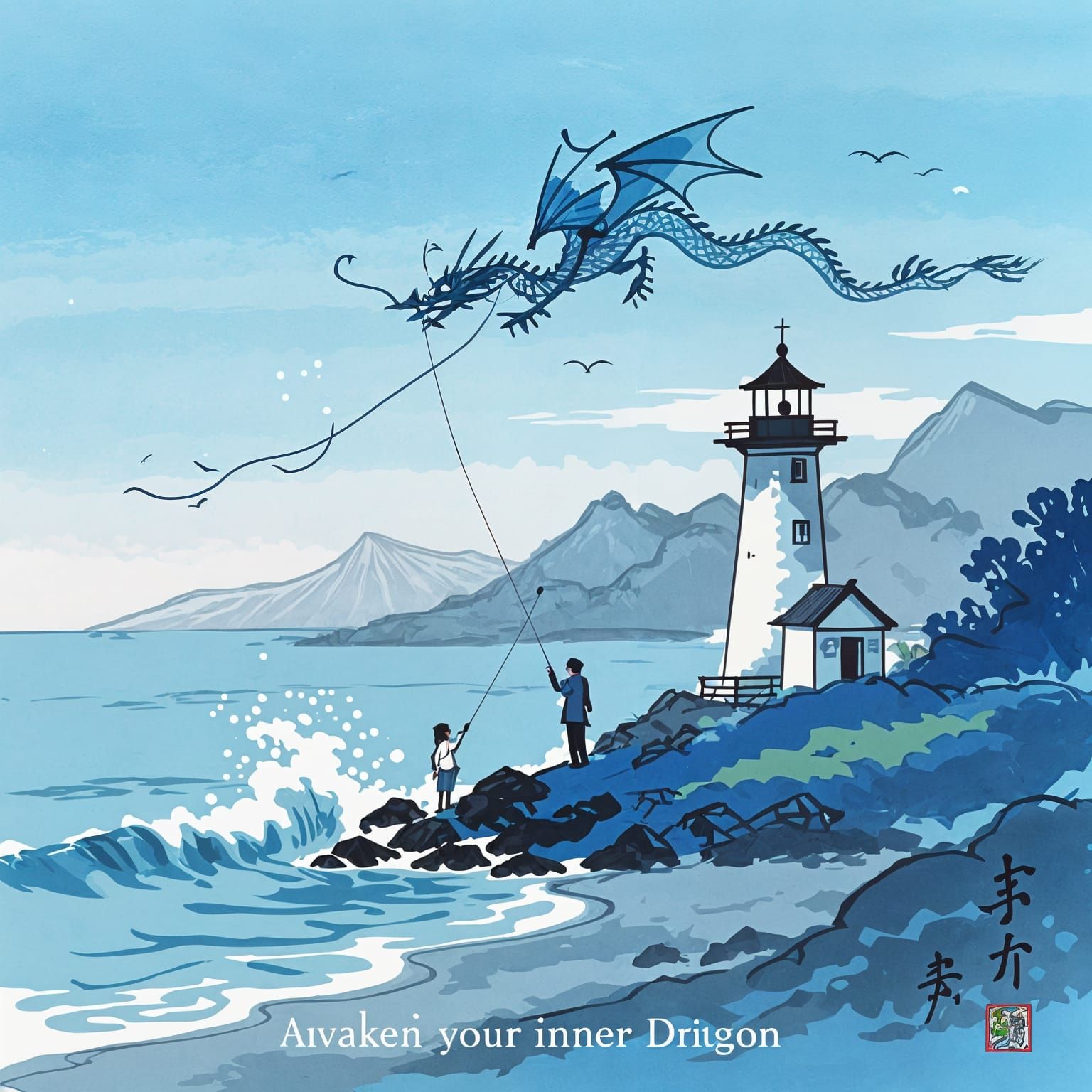 Serene Japanese Ink Painting of Coastal Scene with Dragon Ki...