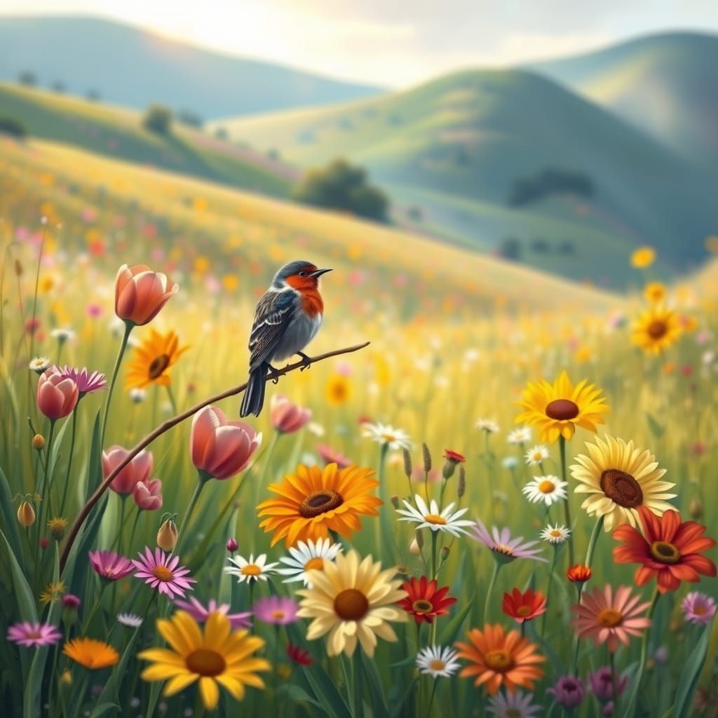Vibrant Impressionist Meadow Scene with Serene Bird