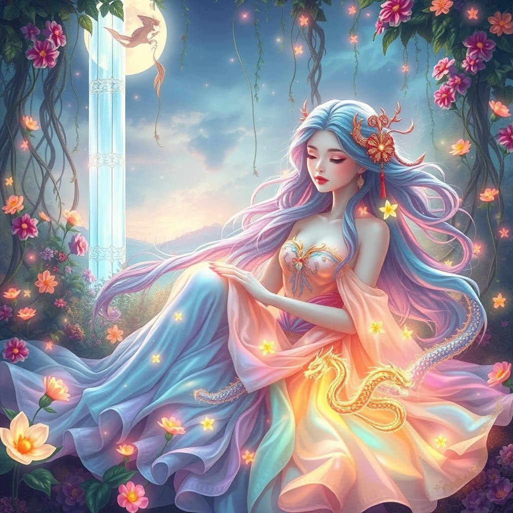 Whimsical XianXia Garden Scene in Vibrant, Dreamlike Style