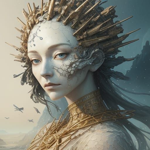 Whimsical Archaic Figure Made of Dust in an Ethereal Landsca...