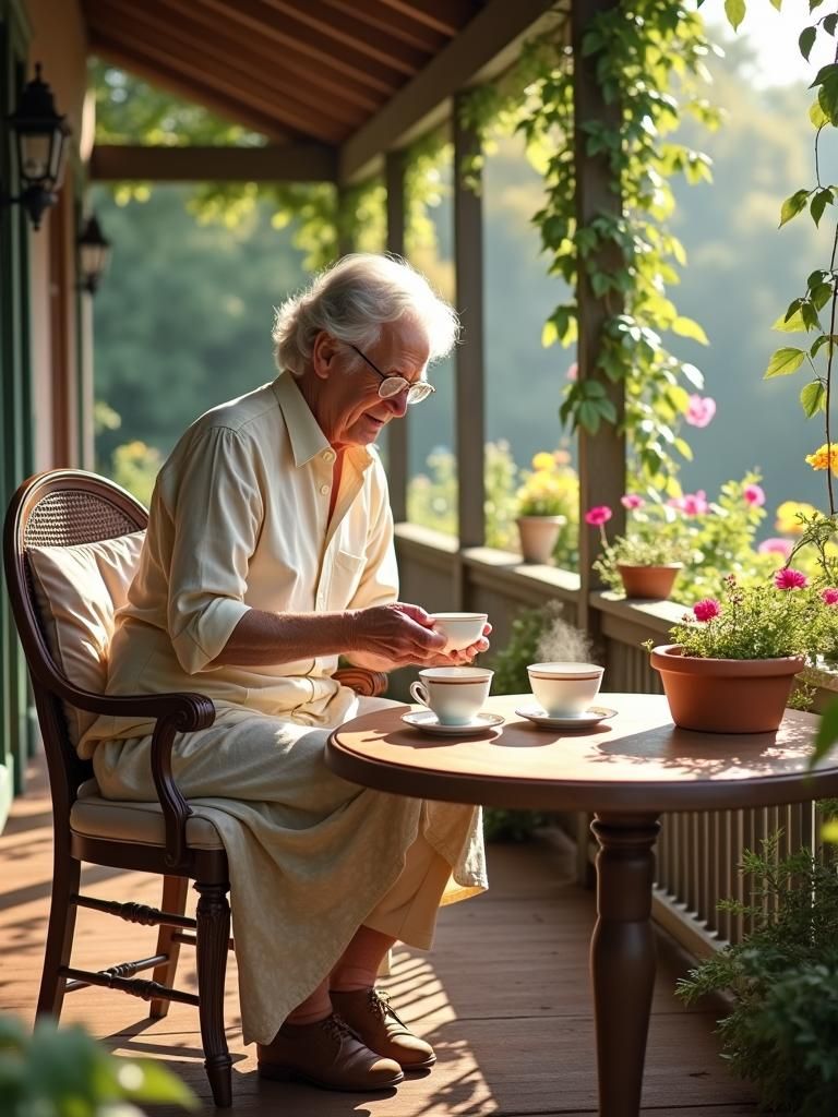Cozy Porch Scene: Couple Sipping Tea in Warm Sunlight