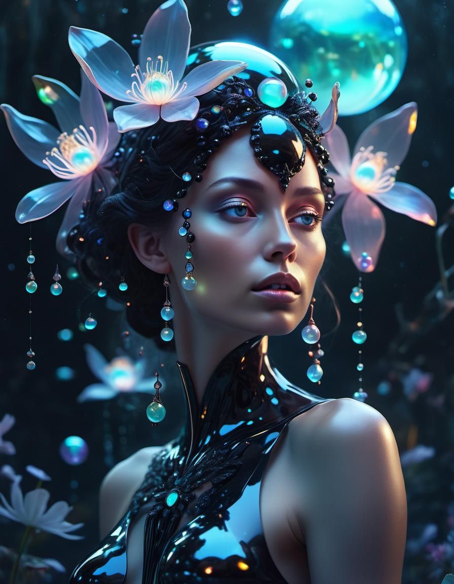 Opal Goddess with Bioluminescent Flora in Sci-Fi Style