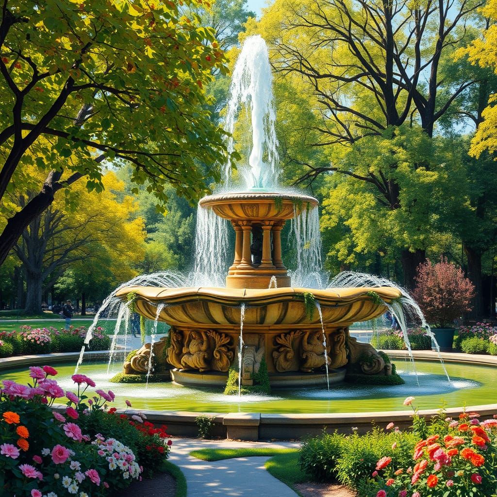 Vibrant Park Fountain in Gouache Style
