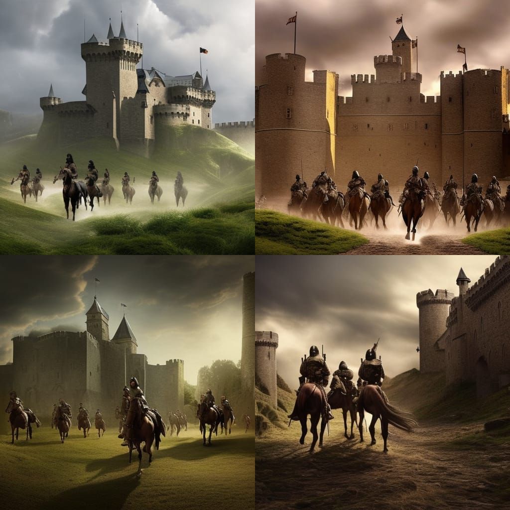 Army on Horseback Charges Medieval Castle