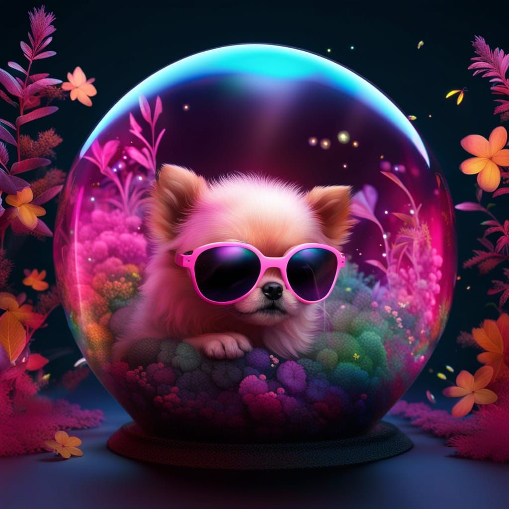Cute Pink Dog in Iridescent Bubble